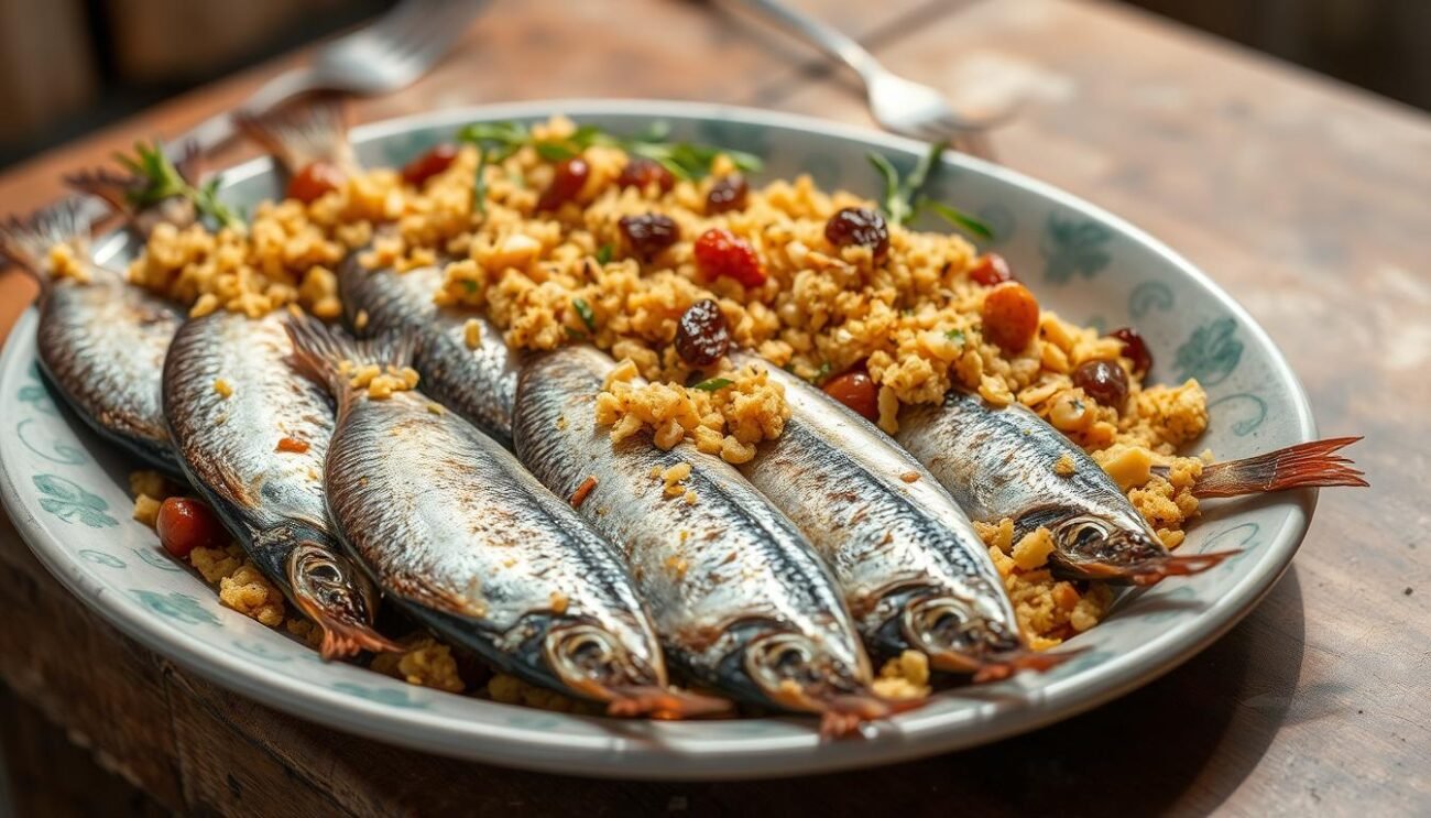 A delectable platter of Sicilian-style sardines à beccafico, simmered in a harmonious blend of breadcrumbs, pine nuts, raisins, and aromatic herbs. The sardines are neatly arranged, their glistening skin caressed by the warm Mediterranean light, inviting the viewer to savor the authentic flavors of Trapani's culinary heritage. The plate is set against a rustic backdrop, hinting at the simple yet sophisticated nature of this regional specialty. A visually captivating representation of the "Varianti e Consigli" section, capturing the essence of this traditional Sicilian dish. A delectable platter of Sicilian-style sardines à beccafico, simmered in a harmonious blend of breadcrumbs, pine nuts, raisins, and aromatic herbs. The sardines are neatly arranged, their glistening skin caressed by the warm Mediterranean light, inviting the viewer to savor the authentic flavors of Trapani's culinary heritage. The plate is set against a rustic backdrop, hinting at the simple yet sophisticated nature of this regional specialty. A visually captivating representation of the "Varianti e Consigli" section, capturing the essence of this traditional Sicilian dish.