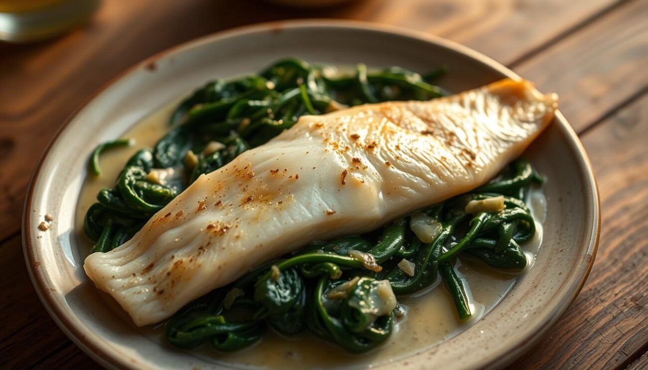A delectable seafood dish from the Emilia-Romagna region, "sogliola mugnaia" showcases a sole fillet gently cooked in a creamy, white wine-infused sauce. The fish rests atop a bed of soft, sautéed spinach, its flaky texture contrasting with the velvety greens. Soft, golden-hued light bathes the scene, casting a warm, homey atmosphere. The composition is framed by a rustic, wooden table, hinting at the dish's traditional origins. This variant of the classic recipe, perfect for the "Varianti della Ricetta Tradizionale" section, captures the essence of Emilia-Romagna's culinary heritage.