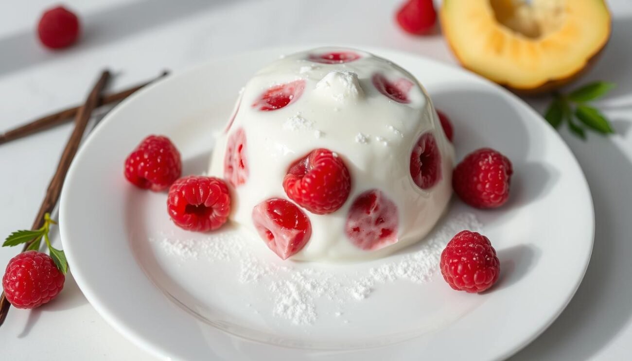 A delectable semifreddo proteico, a chilled Italian dessert, sits atop a pristine white plate. The silky, yogurt-based custard is dotted with vibrant red raspberries, their juicy sweetness complementing the creamy texture. Flecks of vanilla bean and a dusting of powdered sugar add subtle elegance. Captured in soft, natural lighting, the semifreddo appears light and airy, an indulgent yet healthy treat. The composition is simple yet visually striking, drawing the eye to the centerpiece dessert. This image perfectly encapsulates the "Ingredienti per il Semifreddo Proteico" section, showcasing the key components of this refreshing, protein-packed delight. A delectable semifreddo proteico, a chilled Italian dessert, sits atop a pristine white plate. The silky, yogurt-based custard is dotted with vibrant red raspberries, their juicy sweetness complementing the creamy texture. Flecks of vanilla bean and a dusting of powdered sugar add subtle elegance. Captured in soft, natural lighting, the semifreddo appears light and airy, an indulgent yet healthy treat. The composition is simple yet visually striking, drawing the eye to the centerpiece dessert. This image perfectly encapsulates the "Ingredienti per il Semifreddo Proteico" section, showcasing the key components of this refreshing, protein-packed delight.