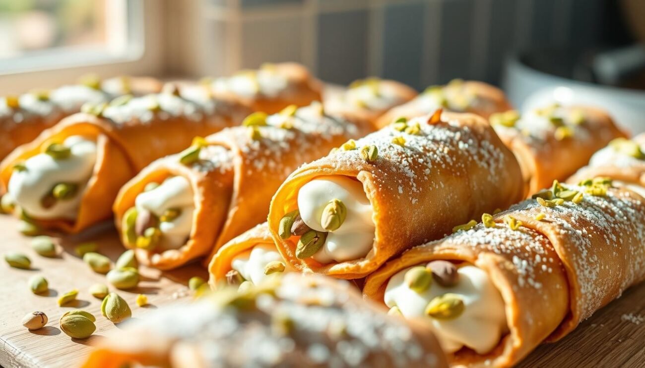 A delectable spread of homemade Sicilian cannoli, their crisp golden shells filled with a luscious, lightly sweetened ricotta cream, topped with a scattering of vibrant green pistachios. The sun-dappled scene evokes the rustic charm of a Sicilian kitchen, with soft natural lighting highlighting the cannoli's refined elegance. The camera's lens captures the pastries in an inviting close-up, showcasing their mouthwatering allure. This healthier take on the classic Sicilian treat embodies the perfect balance of tradition and innovation, a testament to the enduring culinary legacy of the island.