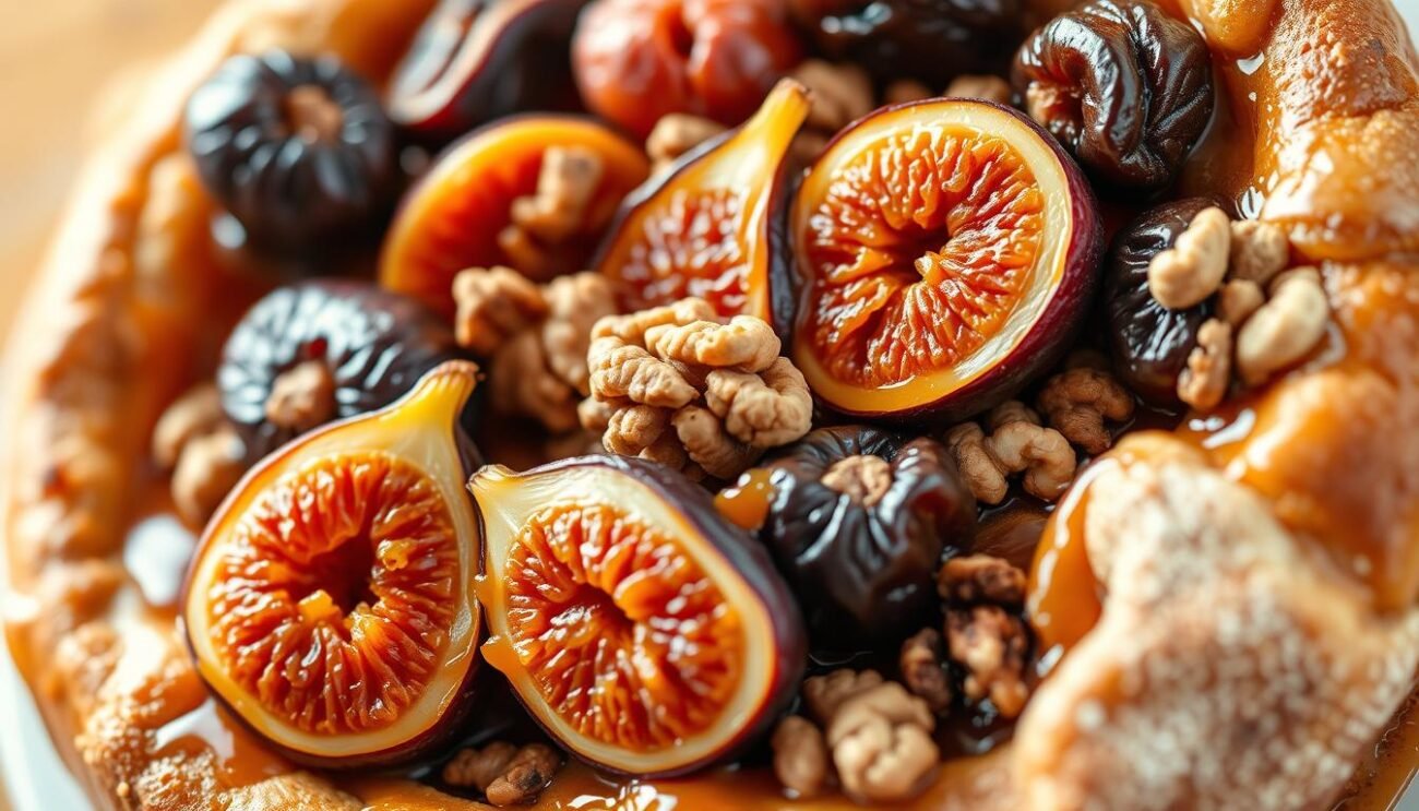 A delectable still life featuring an artful arrangement of dried fruits nestled within a classic Italian dessert. Plump figs, juicy dates, and crunchy walnuts intermingle with flaky pastry and glossy caramel, all bathed in warm, golden light. The composition evokes the rich flavors and textures of traditional Italian baking, capturing the essence of "Frutta Secca nei Dolci" in a visually captivating way. The camera angle emphasizes the depth and layering of the scene, drawing the viewer in to savor each tantalizing detail.