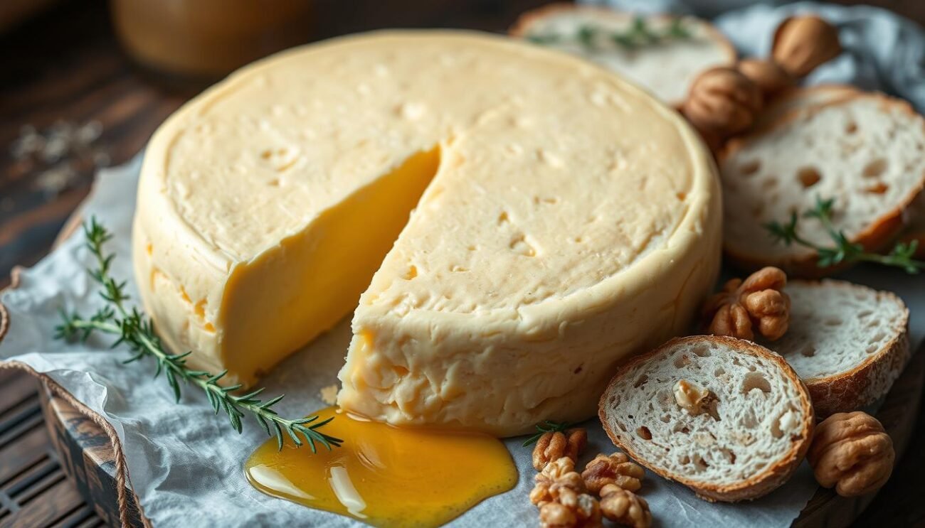 A delectable wheel of Formaggella del Luinese DOP cheese, its creamy pale-yellow interior and delicate rind glistening under soft, natural lighting. The cheese is surrounded by a selection of savory accompaniments - slices of crusty bread, sprigs of fresh thyme, a drizzle of honey, and a scattering of toasted walnuts. The composition evokes the rustic charm of Northern Italian cuisine, inviting the viewer to imagine the rich, buttery flavors and textures of this artisanal cheese paired with complementary ingredients. A tranquil, earthy atmosphere pervades the scene, reflecting the care and tradition behind this beloved regional specialty.