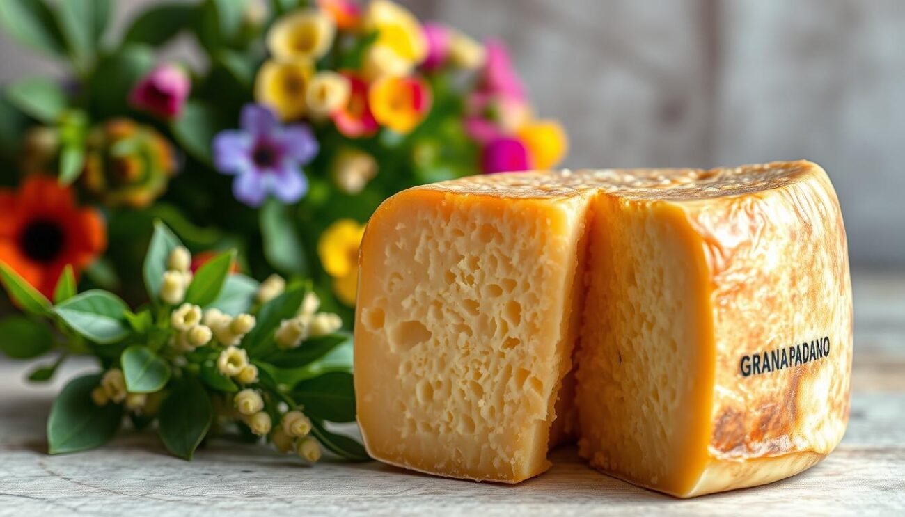 A delectable wheel of Grana Padano cheese, its aged rind glistening under soft, diffused lighting. The cross-section reveals a dense, granular texture, with a warm, golden hue that invites the viewer to savor its creamy, nutty flavors. In the background, clusters of green leaves and vibrant flowers hint at the lush, verdant pastures where the dairy cows graze, contributing to the cheese's rich, nutritious profile. The image captures the essence of this revered Italian delicacy, highlighting its remarkable health benefits and the artisanal traditions that have sustained it for generations.