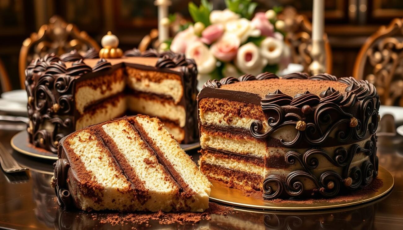 A delicate and decadent Torta Rinascimento di Iginio Massari, a true Renaissance masterpiece. In the foreground, a slice reveals layers of fluffy sponge cake, rich chocolate ganache, and a delicate dusting of cocoa powder. The middle ground showcases the entire cake, its ornate design echoing the grandeur of the Italian Renaissance, adorned with intricate piped patterns and gilded accents. The background features a sumptuous table setting, complete with ornate china, gleaming silverware, and a lush floral centerpiece, evoking the lavish dining halls of the Renaissance courts. Soft, warm lighting casts a glow over the scene, highlighting the cake's luxurious textures and the refined elegance of the setting. A delicate and decadent Torta Rinascimento di Iginio Massari, a true Renaissance masterpiece. In the foreground, a slice reveals layers of fluffy sponge cake, rich chocolate ganache, and a delicate dusting of cocoa powder. The middle ground showcases the entire cake, its ornate design echoing the grandeur of the Italian Renaissance, adorned with intricate piped patterns and gilded accents. The background features a sumptuous table setting, complete with ornate china, gleaming silverware, and a lush floral centerpiece, evoking the lavish dining halls of the Renaissance courts. Soft, warm lighting casts a glow over the scene, highlighting the cake's luxurious textures and the refined elegance of the setting.