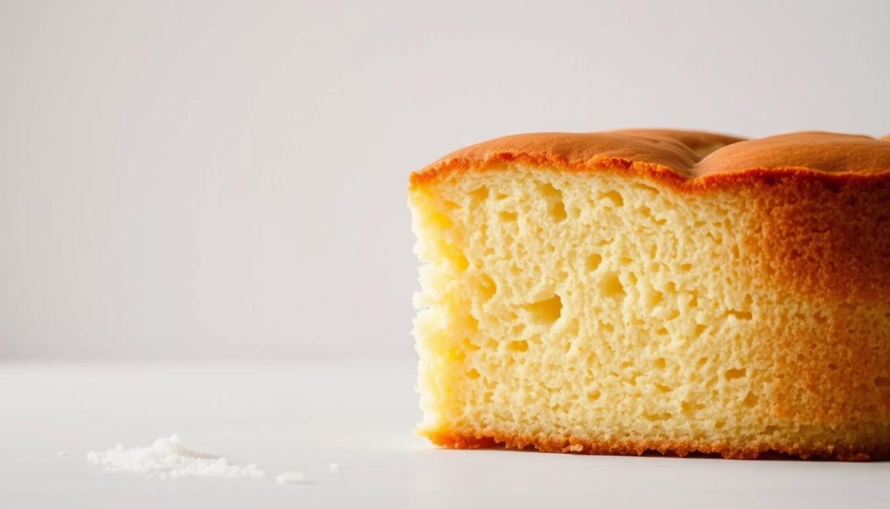 A delicate and moist sponge cake, made with just a few simple ingredients - flour, eggs, and a pinch of salt. The cake's golden-brown surface reflects the warm lighting, creating a comforting and inviting atmosphere. In the foreground, the slice of pan di Spagna senza zucchero stands tall, its soft and airy texture apparent. The middle ground features a plain white background, allowing the cake to be the focal point. The overall scene conveys a sense of rustic elegance, perfect for illustrating a recipe for a basic sugar-free baked good.