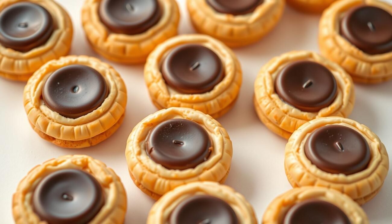 A delicate arrangement of Baci di Dama, the classic Italian confection. Golden-brown shortbread shells cradle rich, dark chocolate centers, the perfect harmony of flavors and textures. Artfully placed on a clean, light background, the biscuits are illuminated by soft, diffused lighting that accentuates their elegant silhouettes. The composition is balanced and symmetrical, inviting the viewer to imagine the satisfying crunch and indulgent melt-in-your-mouth experience of these exquisite treats. An image that captures the essence of the "Consigli per Baci di Dama Perfetti" section, inspiring the reader to recreate these perfect Baci di Dama in their own kitchen.