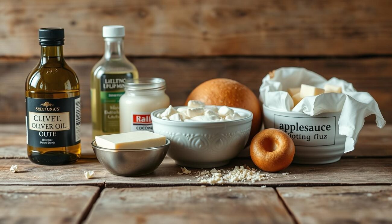 A delicate arrangement of baking ingredients - a selection of butter substitutes, including olive oil, coconut oil, and applesauce, artfully displayed on a rustic wooden surface. The lighting is soft and natural, emphasizing the warm, earthy tones of the ingredients. The composition is balanced, with the ingredients positioned in a visually appealing manner, suggesting the versatility and effectiveness of these butter alternatives in creating delicious, healthy desserts. The image conveys a sense of culinary experimentation and a commitment to exploring healthier baking options.