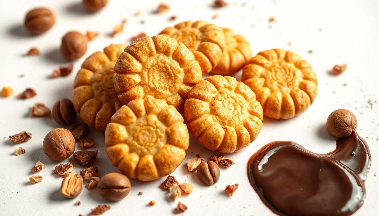 A delicate arrangement of freshly baked baci di dama leggeri, their crisp, golden-brown shells gleaming under soft, diffused lighting. Nestled on a pristine white surface, the dainty biscuits are paired with a sprinkling of finely chopped Piedmont hazelnuts and a decadent pool of rich, dark chocolate, free from added sugars. The composition evokes a sense of rustic elegance, inviting the viewer to imagine the satisfying crunch and velvety texture of these traditional Italian delights. The scene is captured from a slightly elevated angle, emphasizing the delicate nature of the baci di dama and creating a visually appealing, mouth-watering display.