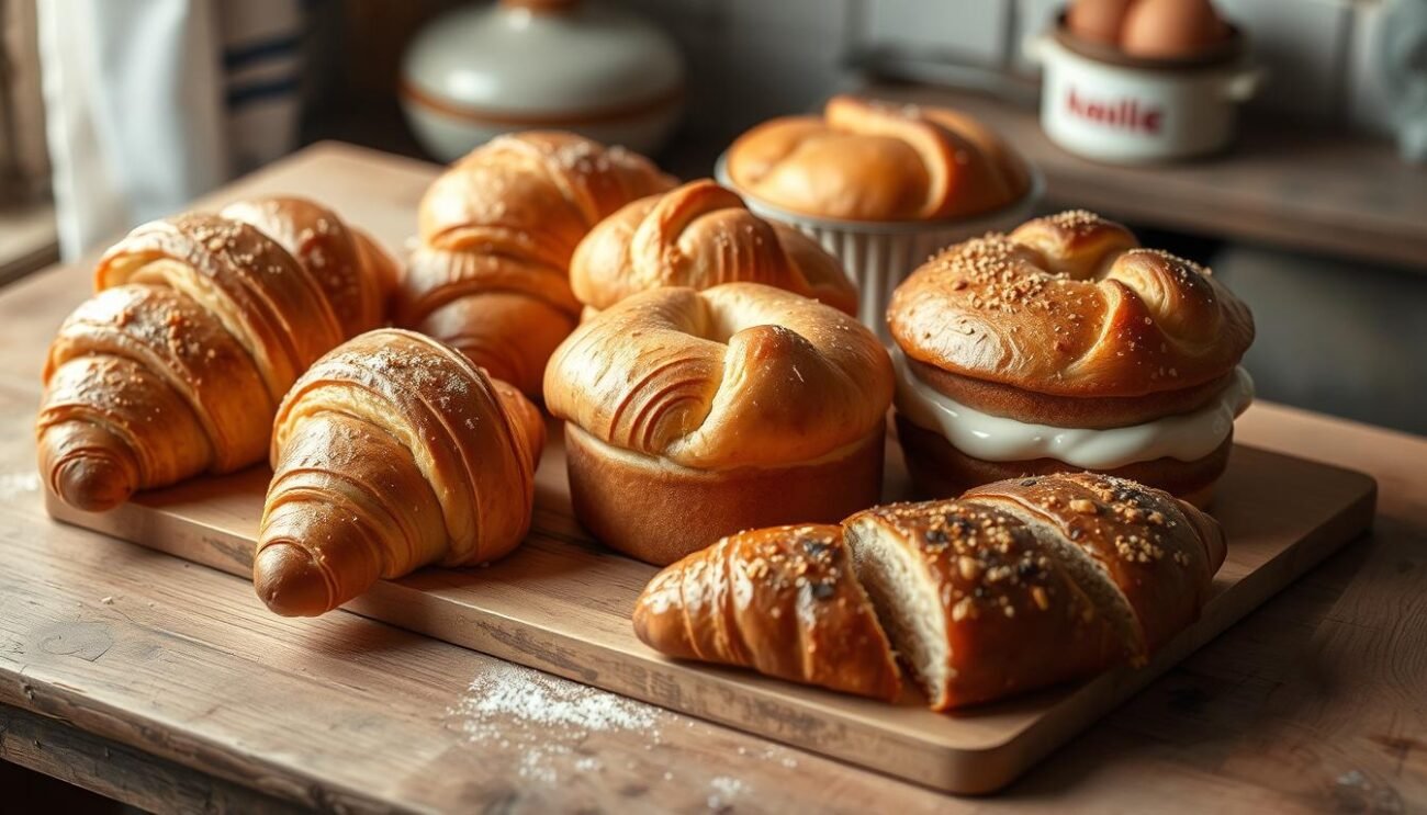 A delicate arrangement of freshly baked pastries sits atop a rustic wooden table, their golden crusts glistening under the soft, diffused light. Flaky croissants, buttery brioche, and decadent cakes are carefully positioned, showcasing the integral role of eggs in their creation. The scene exudes a warm, inviting atmosphere, drawing the viewer into the comforting world of Italian baking traditions. Elegant angles and a shallow depth of field emphasize the delicate textures and mouthwatering details of these beloved confections, highlighting the fundamental importance of eggs in achieving their signature flavors and luxurious, light-as-air crumb. A delicate arrangement of freshly baked pastries sits atop a rustic wooden table, their golden crusts glistening under the soft, diffused light. Flaky croissants, buttery brioche, and decadent cakes are carefully positioned, showcasing the integral role of eggs in their creation. The scene exudes a warm, inviting atmosphere, drawing the viewer into the comforting world of Italian baking traditions. Elegant angles and a shallow depth of field emphasize the delicate textures and mouthwatering details of these beloved confections, highlighting the fundamental importance of eggs in achieving their signature flavors and luxurious, light-as-air crumb.
