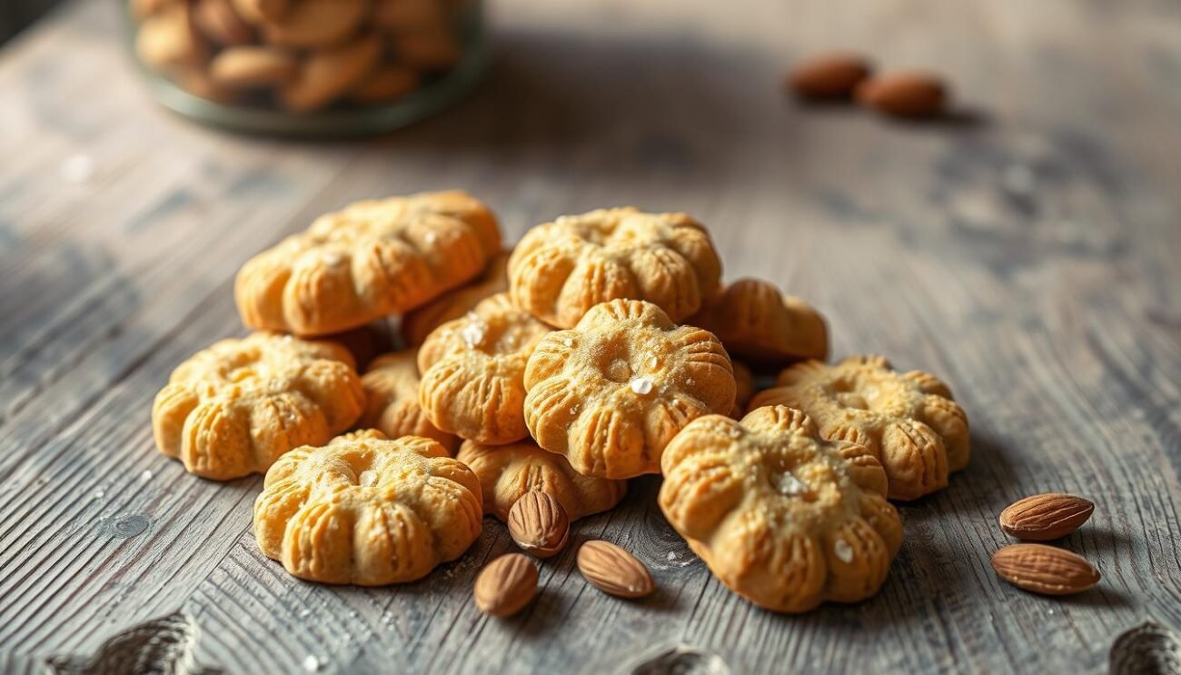 A delicate arrangement of golden-brown Cantucci Proteici Toscani, handcrafted biscuits made with wholesome ingredients. Artfully positioned on a rustic wooden surface, the biscuits showcase their crunchy texture and alluring almond aroma. Soft natural light bathes the scene, highlighting the biscuits' intriguing shapes and subtle surface details. The image conveys a sense of traditional Tuscan craftsmanship and the nourishing benefits of these protein-rich treats, perfectly suited to illustrate the "Valori Nutrizionali e Benefici per la Salute" section of the article.