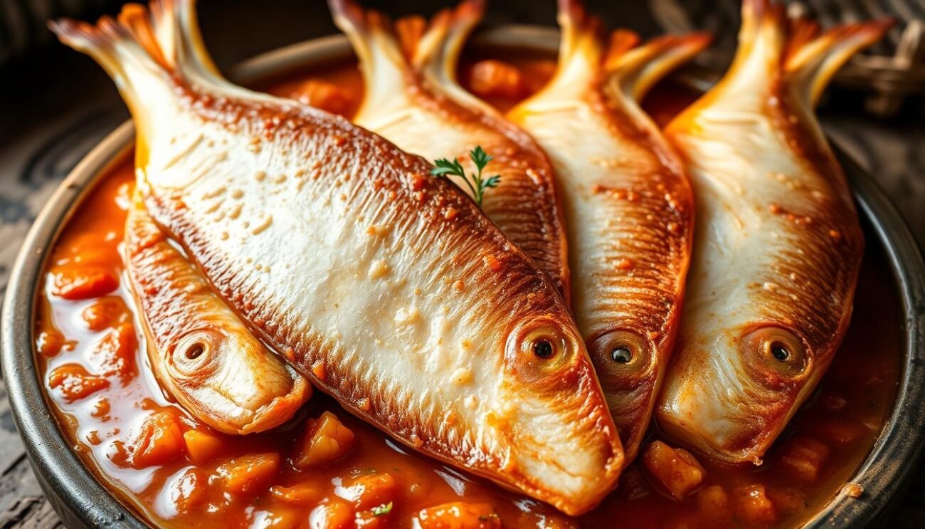 A delicate arrangement of golden-hued filetti di triglia (red mullet fillets) glistening in the soft, natural light. The tender fish fillets sit atop a shallow guazzetto (stew), the lively tomato-based sauce accented with the fragrant aromas of garlic, parsley, and a hint of white wine. The scene is set against a rustic, earthy backdrop, evoking the traditional Lazio cuisine. The composition captures the essence of "Cottura Perfetta dei Filetti di Triglia," showcasing the perfectly cooked, flaky red mullet fillets in their classic Roman preparation.