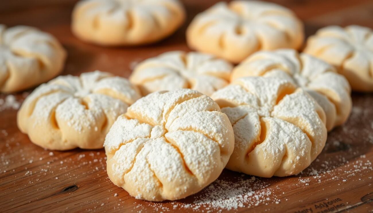 A delicate arrangement of ricciarelli cookies, crafted with almond flour and dusted with powdered sugar, sitting atop a rustic wooden surface. The cookies have a soft, pillowy texture and a light golden hue, reflecting the warm, natural lighting that bathes the scene. The middle ground showcases the cookies in their full glory, while the background fades into a subtle, muted tone, allowing the focus to remain on the artisanal treats. The overall atmosphere conveys a sense of traditional Italian baking, evoking a cozy, homemade ambiance. A delicate arrangement of ricciarelli cookies, crafted with almond flour and dusted with powdered sugar, sitting atop a rustic wooden surface. The cookies have a soft, pillowy texture and a light golden hue, reflecting the warm, natural lighting that bathes the scene. The middle ground showcases the cookies in their full glory, while the background fades into a subtle, muted tone, allowing the focus to remain on the artisanal treats. The overall atmosphere conveys a sense of traditional Italian baking, evoking a cozy, homemade ambiance.