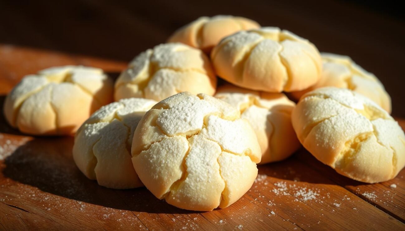A delicate arrangement of ricciarelli cookies, freshly baked with a soft, pillowy texture and a light dusting of powdered sugar. The cookies are carefully positioned on a rustic wooden surface, illuminated by warm, natural lighting that casts gentle shadows. The overall scene conveys a sense of authenticity and Italian heritage, inviting the viewer to imagine the aroma and flavors of this traditional Sienese almond pastry. A delicate arrangement of ricciarelli cookies, freshly baked with a soft, pillowy texture and a light dusting of powdered sugar. The cookies are carefully positioned on a rustic wooden surface, illuminated by warm, natural lighting that casts gentle shadows. The overall scene conveys a sense of authenticity and Italian heritage, inviting the viewer to imagine the aroma and flavors of this traditional Sienese almond pastry.