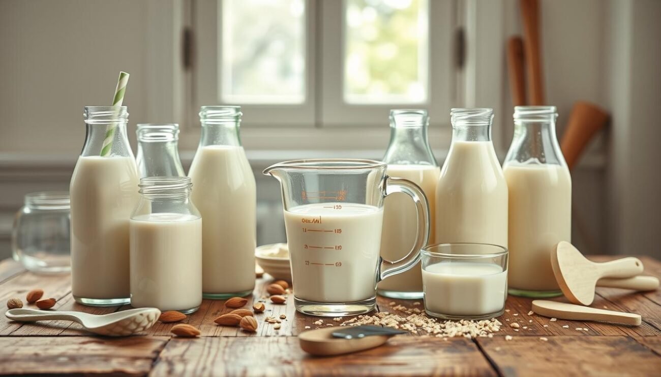 A delicate arrangement of various plant-based milk alternatives, including almond, soy, and oat milk, neatly organized on a rustic wooden table. Soft, diffused lighting from a window illuminates the scene, creating a warm, inviting atmosphere. The center of the composition features a glass measuring cup filled with the milk substitute, emphasizing its role as a key ingredient in baking and dessert-making. Surrounding the milk are a variety of baking utensils, such as whisks and spatulas, hinting at the preparation of a delectable vegan dessert. The overall mood is one of culinary experimentation and a celebration of dairy-free alternatives.