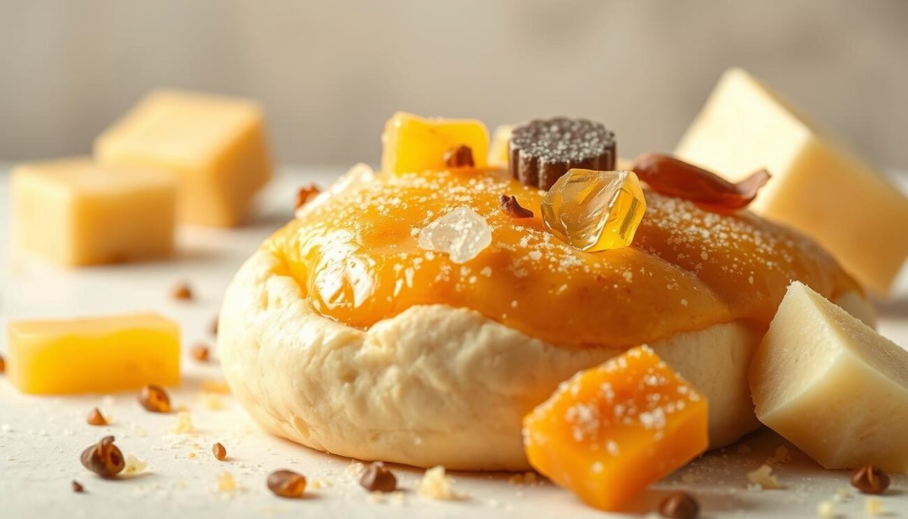 A delicate arrangement of various vegetable fats, harmoniously integrated into a tempting confection. The scene showcases an inviting pastry, its surface glistening with a subtle sheen, hinting at the versatility of plant-based lipids. The lighting is soft and warm, casting a gentle glow that enhances the appetizing appeal. The background is a minimalist, yet elegant setting, allowing the star of the show - the decadent dessert - to take center stage. The overall composition conveys a sense of culinary artistry, inspiring the viewer to explore the potential of plant-based fats in the world of baking and confectionery.