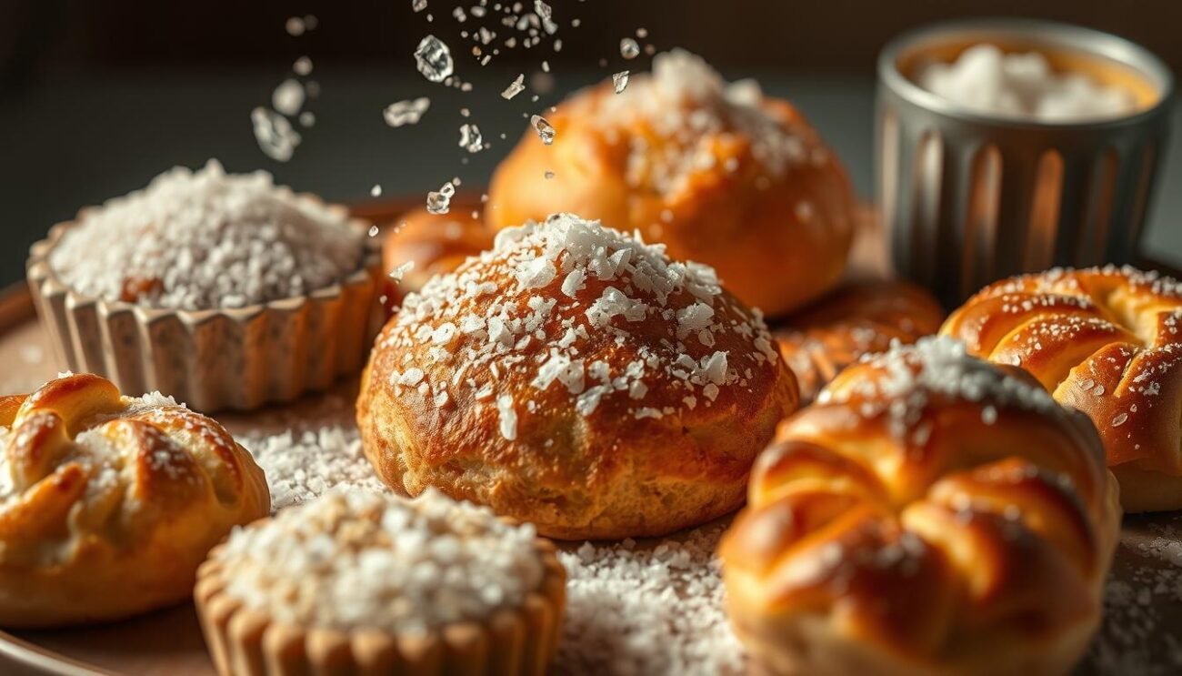 A delicate, artfully arranged still life scene showcasing various types of salt gracefully sprinkled and scattered across a selection of freshly baked, golden-crusted pastries and desserts. The scene is bathed in warm, soft lighting that accentuates the intricate texture and subtle hues of the salt crystals. The composition is thoughtfully balanced, with the salts taking center stage against a backdrop of muted, earthy tones. The overall mood is one of culinary sophistication and the celebration of the transformative power of this humble seasoning within the realm of sweet confections.