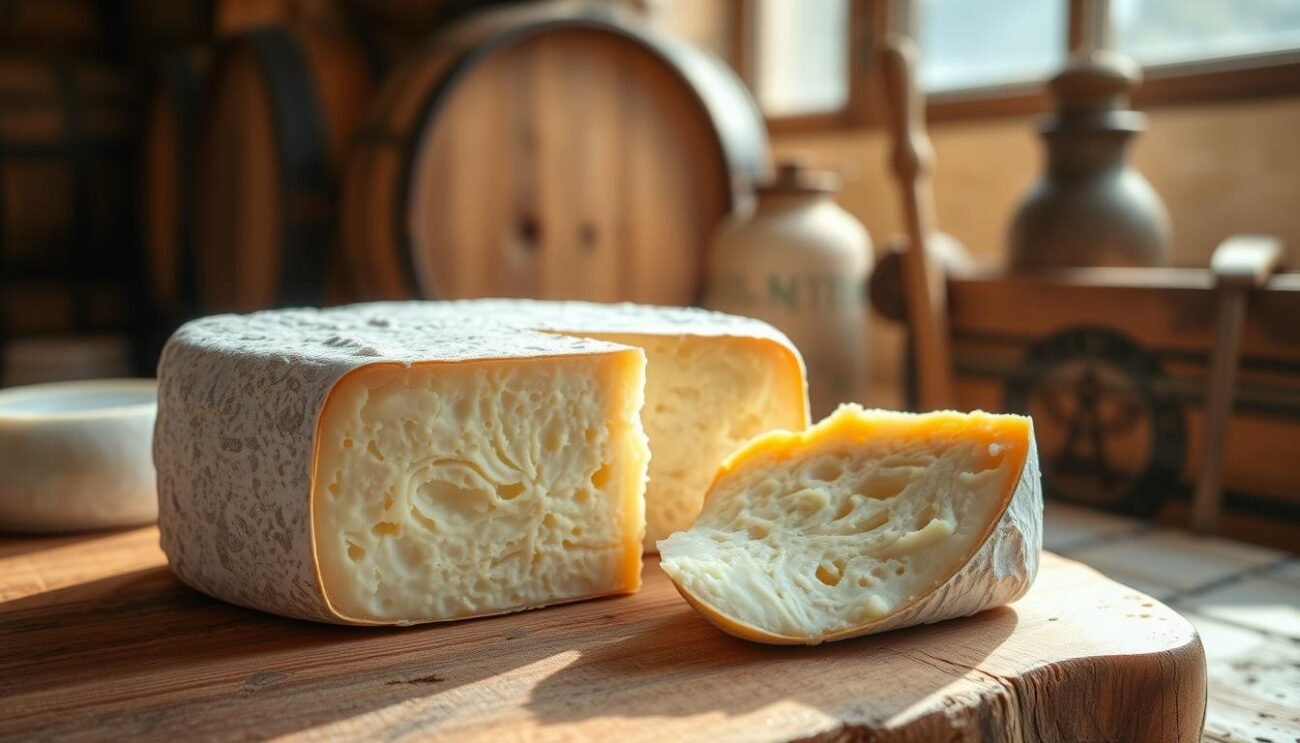 A delicate, artisanal Italian cheese rests on a rustic wooden board, its rind glistening with a faint dusting of white mold. The soft, creamy interior is revealed in a slice, showcasing the cheese's unique marbling and rich, complex flavor. Sunlight filters through a window, casting a warm glow over the scene, highlighting the cheese's imperfections and natural beauty. In the background, a collection of aged wooden barrels and vintage cheese-making tools evoke a sense of tradition and craftsmanship. This image captures the essence of Italy's rare and precious cheese heritage, a hidden treasure waiting to be discovered.