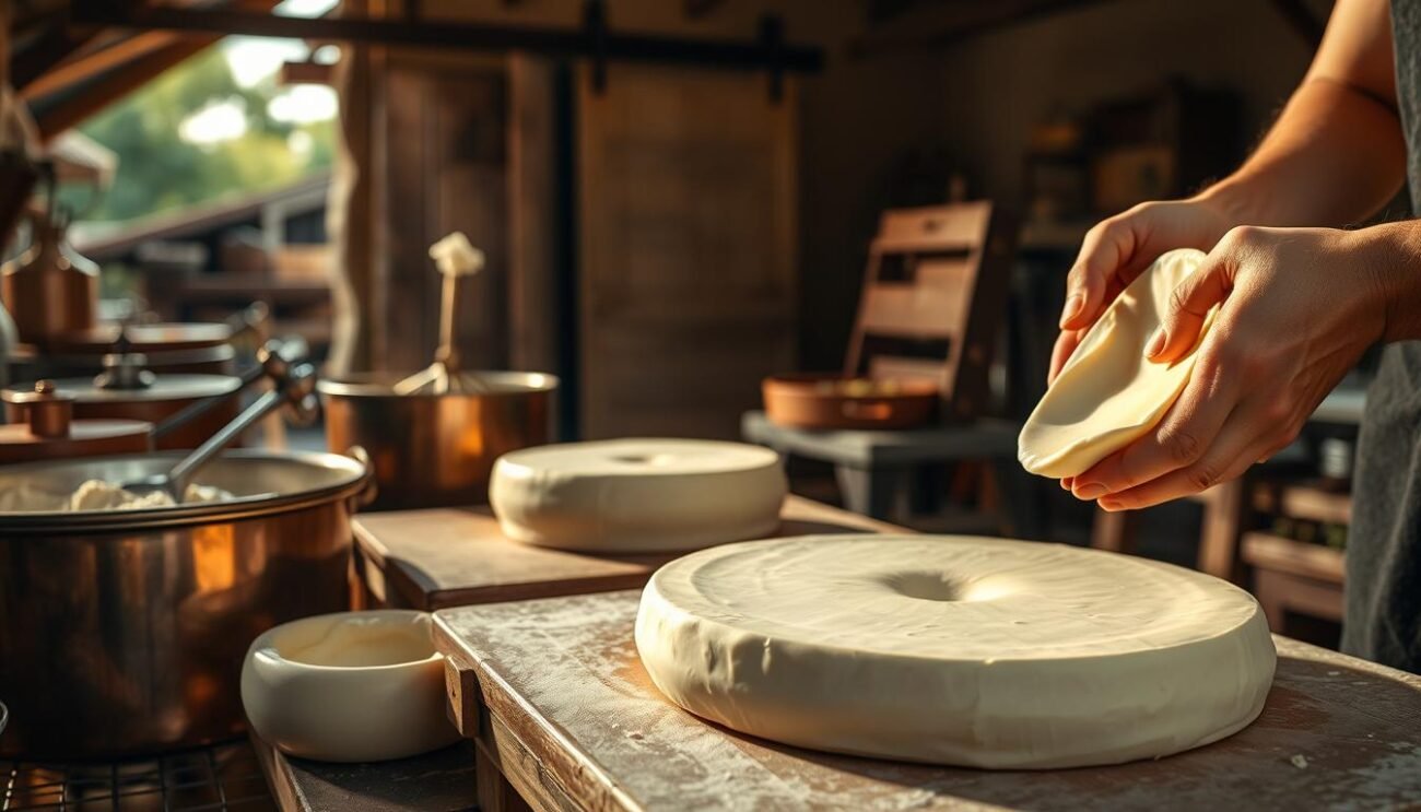 A delicate, artisanal cheese-making process unfolds in a quaint Italian countryside setting. In the foreground, skilled hands carefully shape and mold the soft, creamy Formaggella del Luinese, their movements graceful and practiced. The middle ground reveals the traditional equipment and tools used to produce this DOP (Protected Designation of Origin) specialty, from copper cauldrons to wooden curd presses. In the background, a rustic barn or farmhouse stands as a timeless backdrop, evoking the rich heritage of this regional delicacy. Warm, golden lighting bathes the scene, lending an inviting and authentic atmosphere to the Formaggella del Luinese production process.