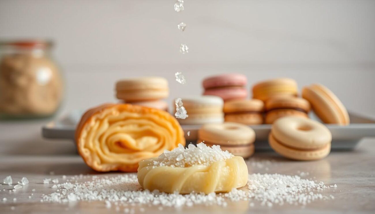 A delicate composition showcasing the crucial role of salt in the art of baking. In the foreground, a carefully measured pinch of sea salt cascades gently onto a fluffy, golden pastry, its intricate layers glistening under the warm, soft lighting. In the middle ground, a variety of sweet confections - macarons, petit fours, and buttery cookies - are arranged in a harmonious display, each one subtly enhanced by the addition of the essential mineral. The background features a minimalist, neutral-toned kitchen counter, allowing the focus to remain on the interplay of sweet and savory elements. The overall atmosphere conveys a sense of balance, elegance, and the profound impact that a simple ingredient can have on the creation of delectable desserts.