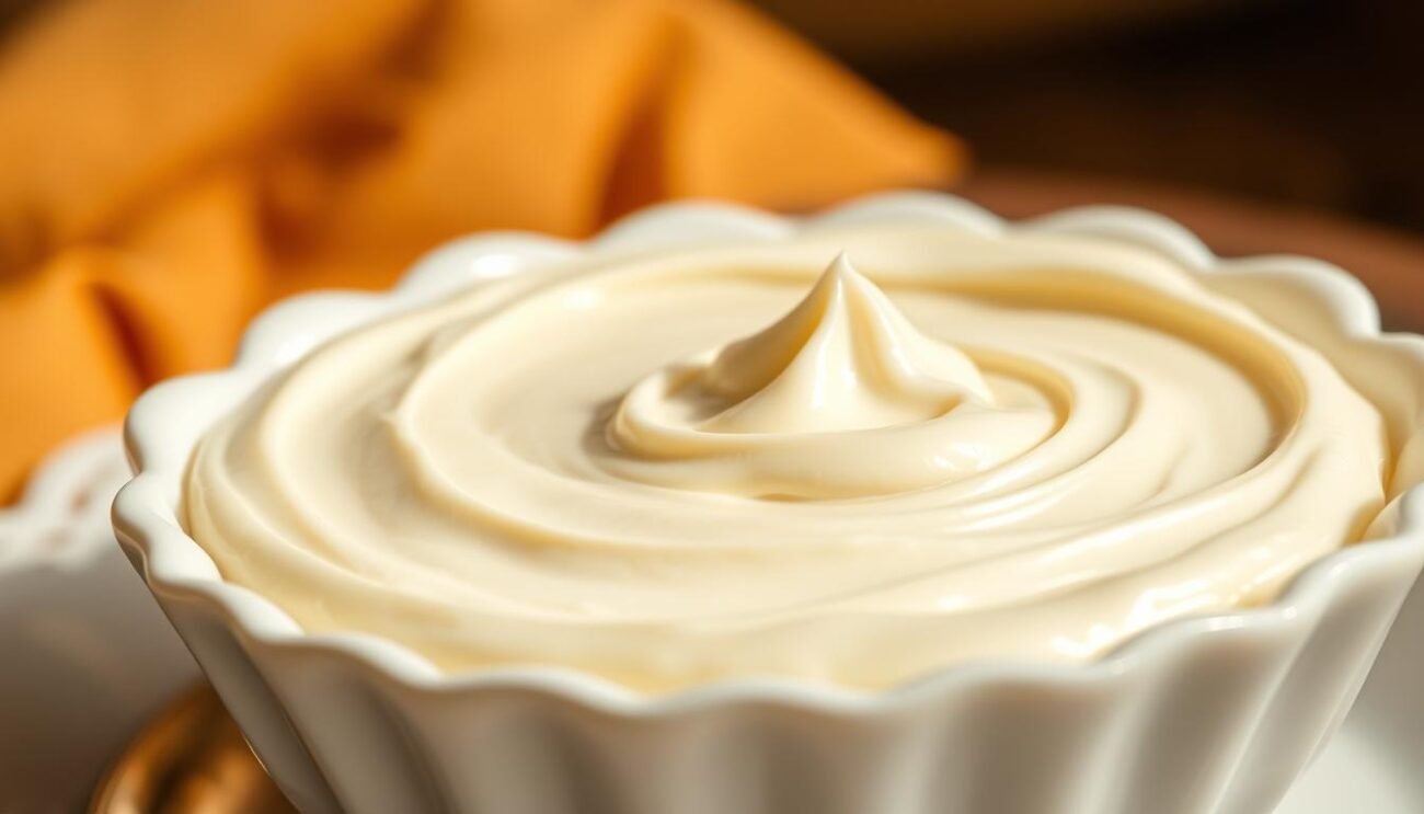 A delicate, creamy, and luscious mascarpone cream glistens in the warm, soft light. The velvety texture is achieved by expertly folding the rich mascarpone into a silky smooth base, creating a divine, indulgent treat. Meticulously piped into an elegant, fluted serving dish, the cream's surface is adorned with delicate patterns, inviting the viewer to savor its luxurious mouthfeel. Placed against a backdrop of warm, earthy tones, this mascarpone cream is a true masterpiece, capturing the essence of traditional Italian dessert-making with its refined elegance and sumptuous appeal.