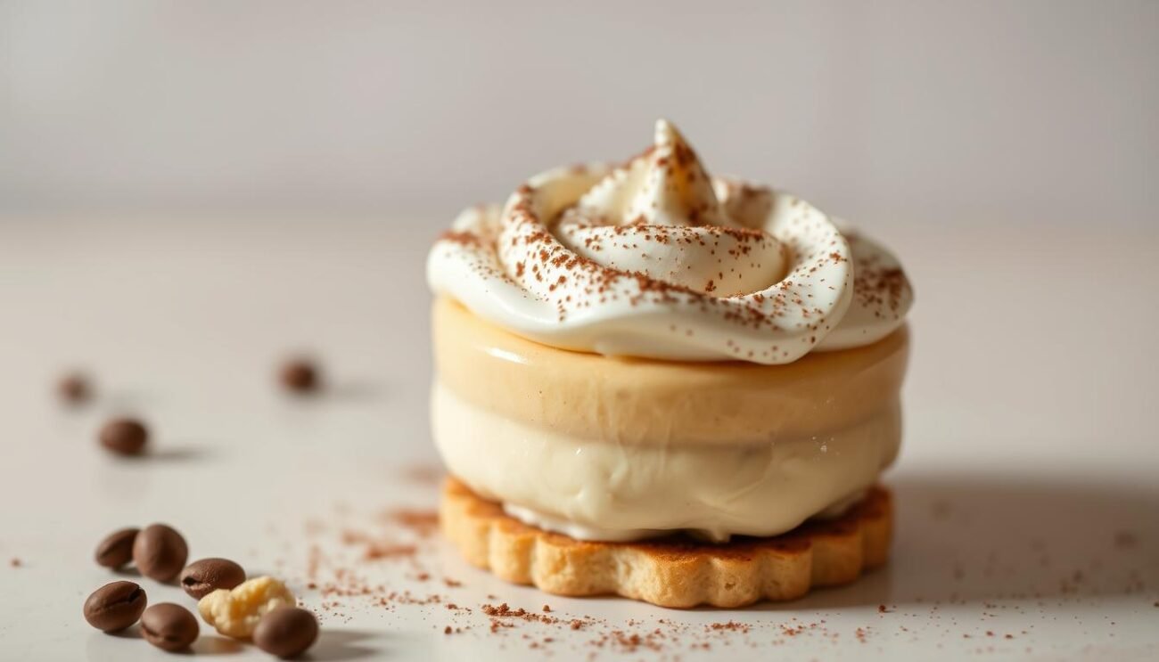 A delicate, creamy tiramisù dessert, its smooth custard-like texture glistening with the subtle hint of coffee. The traditional recipe has been reworked, omitting sugar in favor of natural sweetness from high-quality ingredients. Freshly whipped mascarpone cheese, lightly dusted with unsweetened cocoa powder, sits atop a base of delicate ladyfingers soaked in strong espresso. The overall presentation is elegant and understated, reflecting the refined, healthier approach to this classic Italian treat. Soft, natural lighting casts a warm glow, highlighting the rich, velvety appearance. The composition places the dessert front and center, with a simple, minimalist background allowing the dish to take center stage.