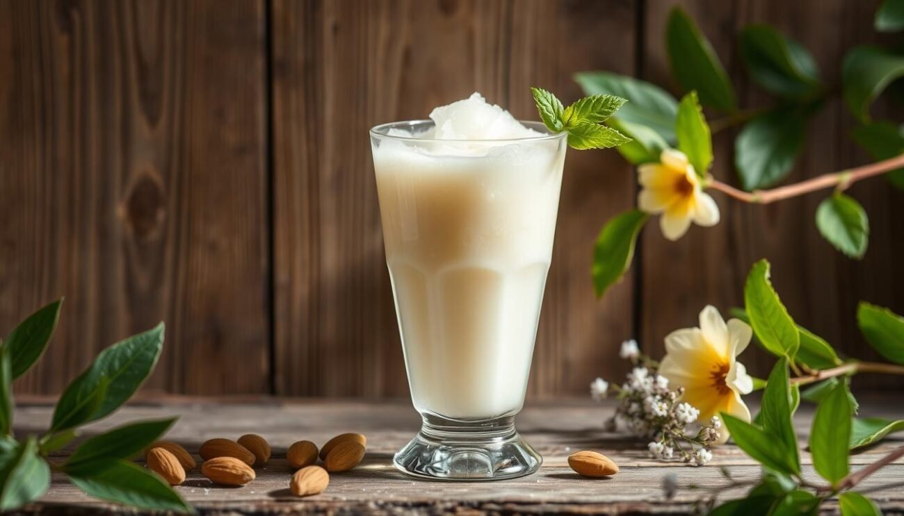 A delicate granita alla mandorla, masterfully crafted with the finest Sicilian almond milk. Silky smooth texture, free of sugar, capturing the essence of traditional Italian dessert. Set against a rustic wooden backdrop, a glass of the chilled almond nectar stands elegantly, glistening under soft, natural lighting. Vibrant green leaves and subtle floral accents frame the centerpiece, evoking the Mediterranean origins of this timeless treat. The scene exudes a sense of simplicity and purity, inviting the viewer to savor the authentic flavors of Sicily. A delicate granita alla mandorla, masterfully crafted with the finest Sicilian almond milk. Silky smooth texture, free of sugar, capturing the essence of traditional Italian dessert. Set against a rustic wooden backdrop, a glass of the chilled almond nectar stands elegantly, glistening under soft, natural lighting. Vibrant green leaves and subtle floral accents frame the centerpiece, evoking the Mediterranean origins of this timeless treat. The scene exudes a sense of simplicity and purity, inviting the viewer to savor the authentic flavors of Sicily.
