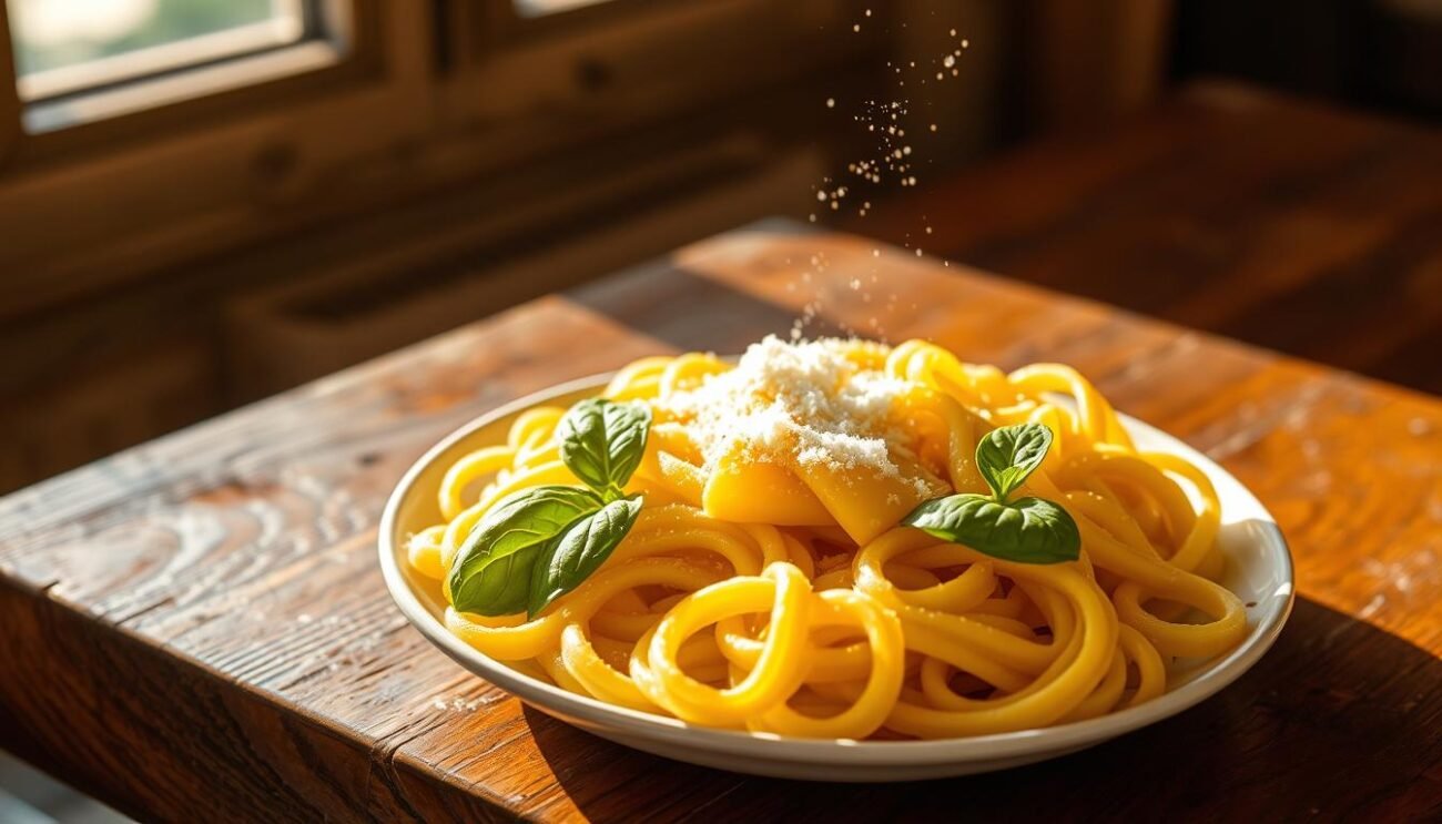 A delicate, hand-crafted trofie pasta dish nestled on a rustic wooden table, the sun filtering through the window and casting a warm, golden glow. The trofie, twisted and textured, are a vibrant shade of pale yellow, glistening with a light coating of olive oil. Fresh basil leaves and a sprinkling of grated Parmigiano-Reggiano cheese add color and depth to the composition. The atmosphere is one of simple, authentic Italian cuisine, capturing the essence of the Ligurian culinary tradition.