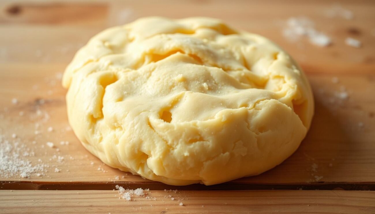 A delicate homemade pasta frolla dough, crafted without any added sugar. The golden-hued crust glistens under the warm, natural lighting, revealing a tender, crumbly texture. The dough is carefully molded into a rustic, artisanal shape, resting atop a simple, unadorned wooden surface. Subtle hints of vanilla and nutmeg emanate from the inviting composition, evoking the comforting aroma of a traditional Italian kitchen. The overall scene exudes a sense of pure, unadulterated simplicity, showcasing the inherent beauty of this sugar-free pastry dough.