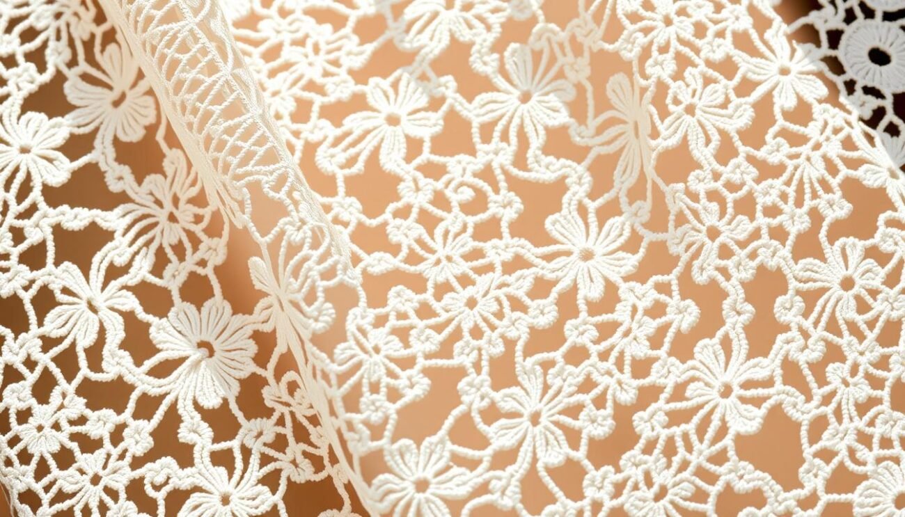 A delicate, intricate lace pattern unfolds, its intricate web of threads intertwining with graceful precision. Delicate bobbin-woven motifs cascade across the frame, capturing the essence of the traditional Offida lace-making technique known as "merletto tombolo." Soft, natural lighting accentuates the intricate textures, casting gentle shadows that highlight the delicate curves and undulating forms. The composition draws the viewer's eye inward, inviting a closer inspection of the mesmerizing details that have made this centuries-old craft a celebrated symbol of Offida's rich cultural heritage.