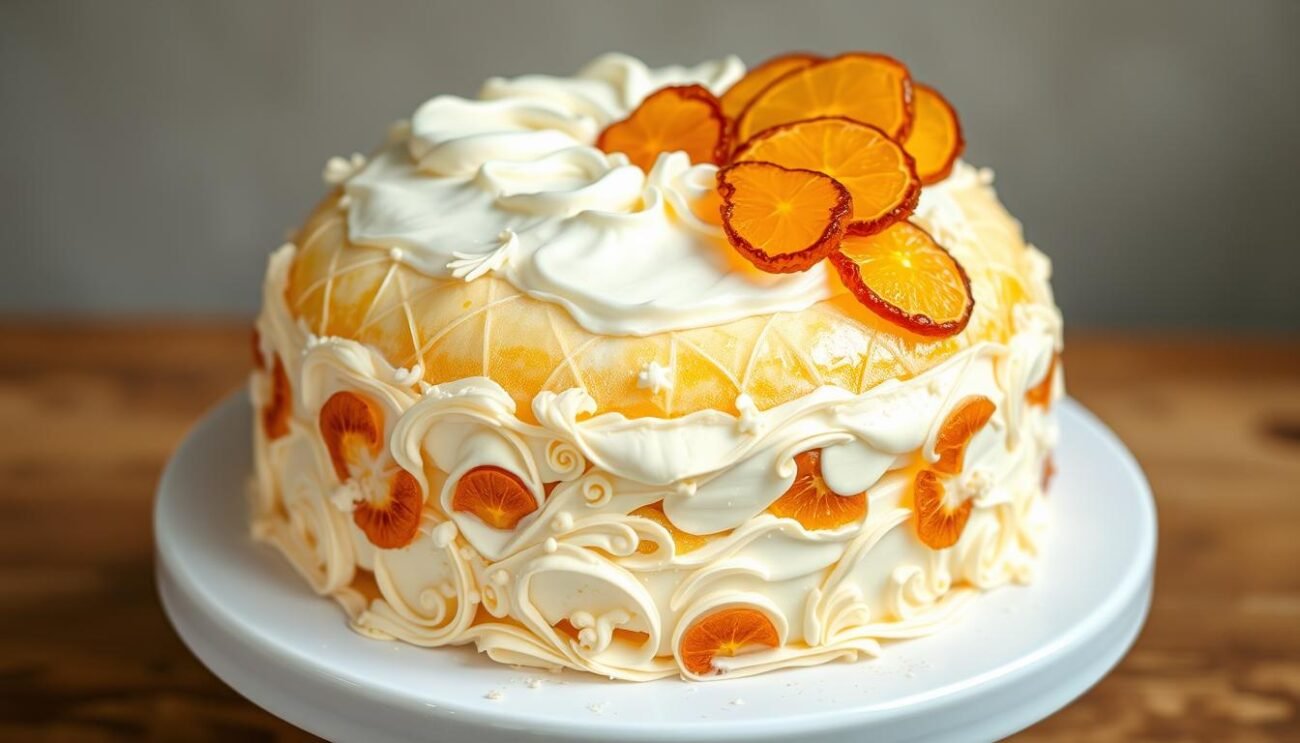 A delicate, intricately decorated Sicilian cassata, its layers of fluffy ricotta and candied citrus rinds glistening under the soft, golden light. The traditional dome-shaped cake is reimagined, its surface a work of art with intricate piping and delicate floral motifs. Perfectly balanced flavors of tangy ricotta, sweet candied fruits, and aromatic vanilla fill every bite. The image captures the essence of this Sicilian culinary icon, now refined and elevated, showcasing the natural sweetness of its components without the need for excessive sugar. A harmonious fusion of time-honored tradition and modern sensibilities.