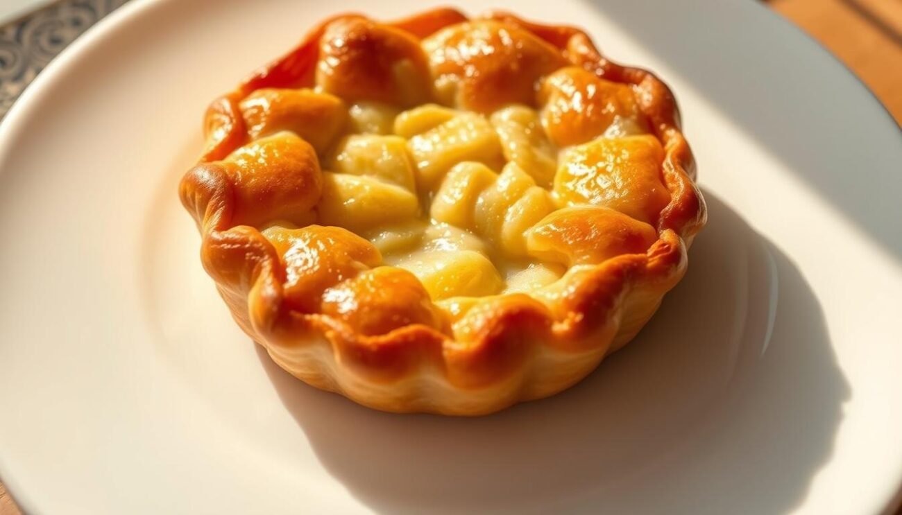 A delicate, light-filled pastiera napoletana, its flaky crust shimmering with a golden hue. The filling, a creamy symphony of slow-cooked wheat, infused with the fragrant essence of orange blossoms and sweetened with the gentle touch of stevia. Nestled on a pristine white platter, the pastry's silhouette casts a soft, inviting shadow, hinting at the indulgent yet health-conscious delight within. Bathed in warm, natural lighting that accentuates the dessert's elegant simplicity, this reimagined classic evokes the essence of Neapolitan tradition with a modern, mindful twist.