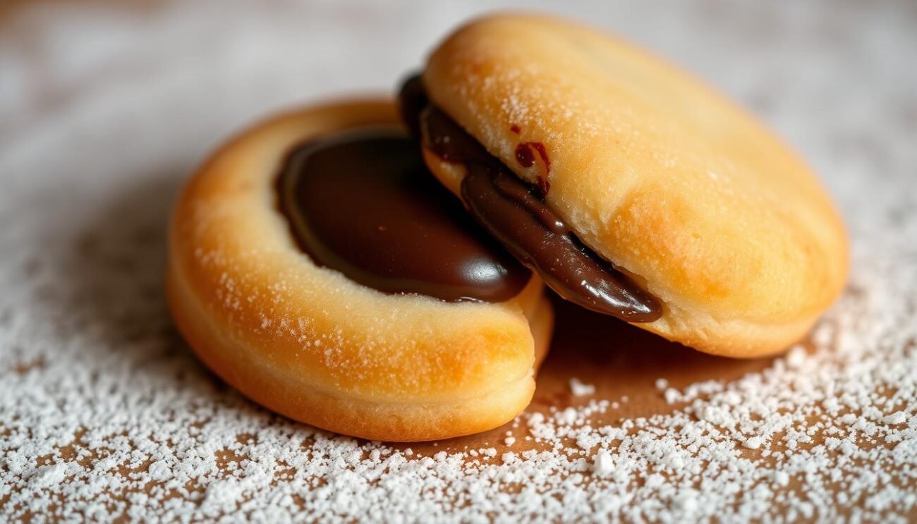 A delicate pair of crisp, golden-brown biscuits, their smooth surfaces glistening with a light dusting of powdered sugar. Nestled between them, a rich, velvety chocolate filling, dark and indulgent, creating a harmonious contrast of flavors and textures. The biscuits are shaped like dainty half-moons, a nod to the traditional "baci di dama" (lady's kisses) of the Piedmont region of Italy. The scene is captured in a soft, warm lighting, highlighting the intricate details and the alluring appeal of this classic confection. The image exudes a sense of timeless elegance and old-world charm, reflecting the rich heritage and tradition behind this beloved Piedmontese delicacy.