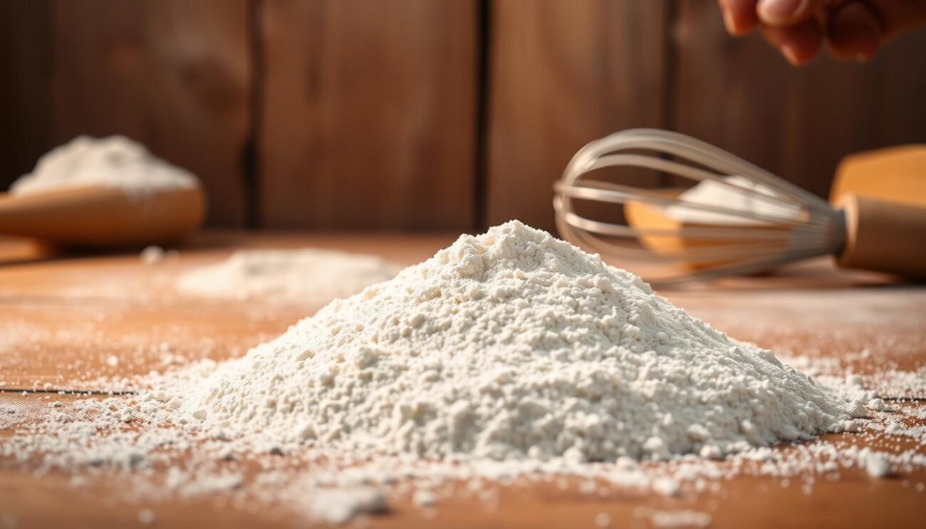 A delicate pile of farina per dolci, the flour essential for creating sublime pastries. Soft, fine-grained, and perfectly sifted, it sits in the foreground, illuminated by warm, diffused lighting that casts gentle shadows. In the middle ground, a wooden baking surface provides a rustic, artisanal backdrop, hinting at the craftsmanship required to transform this simple ingredient into edible masterpieces. Subtle details, such as a dusting of flour or a delicate whisk, add to the scene's authentic, bakery-inspired atmosphere. The overall mood is one of culinary reverence, highlighting the integral role that the right flour plays in the art of pastry making. A delicate pile of farina per dolci, the flour essential for creating sublime pastries. Soft, fine-grained, and perfectly sifted, it sits in the foreground, illuminated by warm, diffused lighting that casts gentle shadows. In the middle ground, a wooden baking surface provides a rustic, artisanal backdrop, hinting at the craftsmanship required to transform this simple ingredient into edible masterpieces. Subtle details, such as a dusting of flour or a delicate whisk, add to the scene's authentic, bakery-inspired atmosphere. The overall mood is one of culinary reverence, highlighting the integral role that the right flour plays in the art of pastry making.