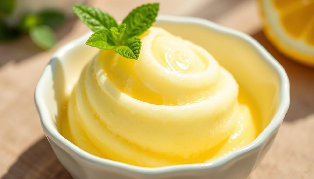 A delicate scoop of lemon sorbetto, its vibrant yellow hue gleaming under the warm Mediterranean sunlight. Swirls of creamy texture, infused with the essence of sun-ripened lemons and sweetened with the gentle touch of stevia leaves. The sorbetto rests atop a crisp, white porcelain dish, accompanied by a sprig of fresh mint, adding a refreshing contrast. Captured in a close-up perspective, the image conveys the cooling, indulgent pleasure of this healthy, sugar-free Italian dessert. Soft, diffused lighting highlights the sorbetto's natural beauty, inviting the viewer to savor its tangy, yet subtly sweet, flavor. A delicate scoop of lemon sorbetto, its vibrant yellow hue gleaming under the warm Mediterranean sunlight. Swirls of creamy texture, infused with the essence of sun-ripened lemons and sweetened with the gentle touch of stevia leaves. The sorbetto rests atop a crisp, white porcelain dish, accompanied by a sprig of fresh mint, adding a refreshing contrast. Captured in a close-up perspective, the image conveys the cooling, indulgent pleasure of this healthy, sugar-free Italian dessert. Soft, diffused lighting highlights the sorbetto's natural beauty, inviting the viewer to savor its tangy, yet subtly sweet, flavor.