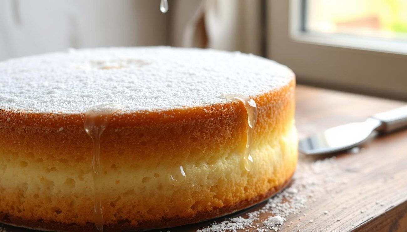 A delicate sponge cake, its surface glistening with a dusting of powdered sugar, rests atop a rustic wooden table. Droplets of water cascade down the sides, hinting at the substitution of milk with water in its preparation. The soft, airy texture and moist crumb reveal the successful integration of this simple swap, showcasing the versatility of water as a dairy-free alternative in baking. Warm, natural lighting filters through a window, casting a soft glow and highlighting the cake's inviting appearance. This image encapsulates the concept of using water to create delectable, dairy-free desserts, aligning seamlessly with the section title "L'Acqua: La Sostituzione Base del Latte nei Dolci."