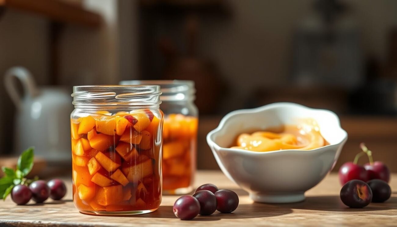 A delicately crafted still life showcasing the distinct differences between marmellata and confettura. In the foreground, a jar of vibrant, chunky marmellata made from ripe, seasonal fruit. The middle ground features a dainty porcelain bowl filled with the smooth, glossy texture of confettura, its silky consistency a result of extended cooking and straining. The background is a warm, rustic Italian kitchen counter, with natural lighting gently illuminating the jars. The overall mood is one of homemade authenticity, inviting the viewer to savor the unique qualities of these two beloved Italian preserves.