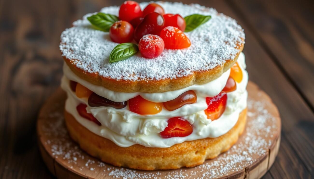 A delightful Sicilian cassata, featuring a light and fluffy ricotta filling, adorned with vibrant candied fruits and a dusting of powdered sugar. The dessert rests atop a smooth, golden sponge cake base, its layers perfectly aligned. Soft lighting illuminates the intricate design, emphasizing the natural colors and textures. The cassata is presented on a rustic wooden surface, creating a warm, homemade atmosphere. The overall composition captures the essence of this iconic Sicilian confection, inviting the viewer to indulge in its rich, creamy goodness.