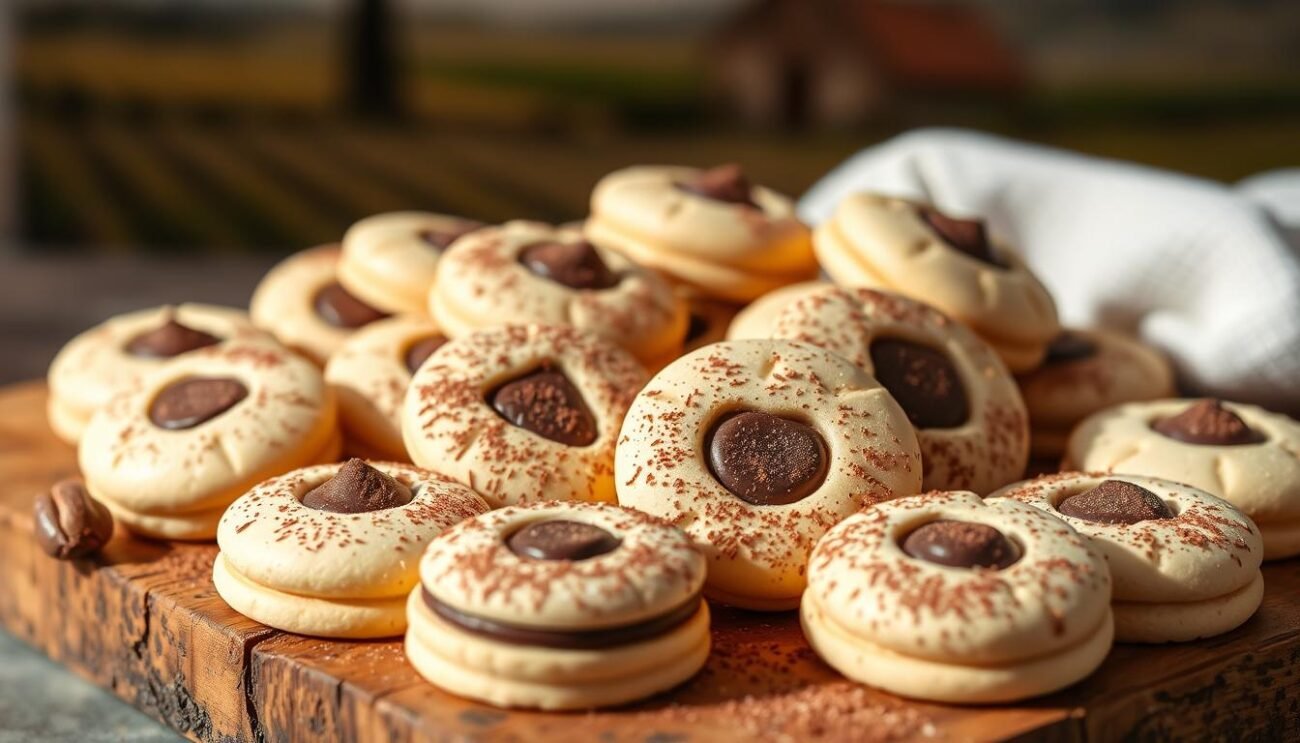 A delightful arrangement of Varianti Baci di Dama, delicate Italian shortbread cookies with a rich, creamy hazelnut and dark chocolate filling. Captured in a warm, natural light, the cookies are positioned on a rustic wooden surface, their intricate shapes and dusting of cocoa powder creating a visually captivating display. The background features a subtle, blurred Italian countryside scene, evoking a sense of authenticity and culinary tradition. The overall mood is one of artisanal craftsmanship and indulgent, homemade delight.