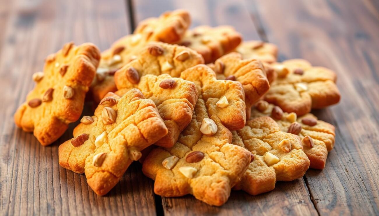 A delightful arrangement of crisp, golden-brown "cantucci proteici" - traditional Tuscan almond and hazelnut biscuits - rests on a rustic wooden surface. The vibrant colors and textures create an inviting and appetizing scene, captured in warm, natural lighting. The biscuits are presented in an artful, yet simple manner, emphasizing their homemade appeal and healthy, protein-rich ingredients. This image perfectly complements the "Varianti e Consigli" section, showcasing the versatility and nutritional benefits of these Tuscan specialty treats.