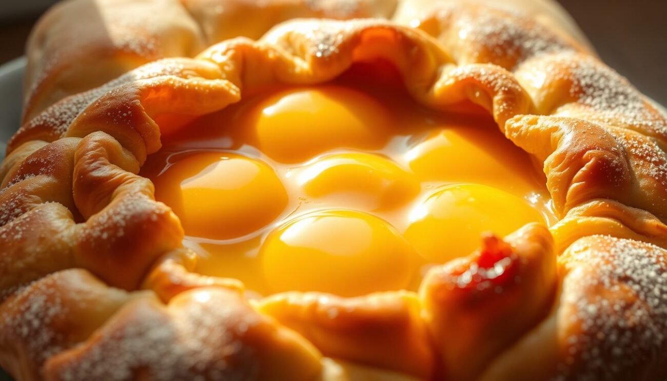 A delightful arrangement of sweet, golden-yolked eggs nestled in a warm, buttery pastry crust. The eggs are perfectly baked, their soft, custard-like interiors inviting a gentle fork to sink in. The flaky, golden-brown crust surrounds the eggs, creating a harmonious balance of textures. Soft natural lighting illuminates the scene, casting a gentle glow and highlighting the rich, glossy sheen of the pastry. The composition is centered, allowing the viewer to focus on the delectable, mouthwatering display of "uova dolci" - a classic Italian treat. A delightful arrangement of sweet, golden-yolked eggs nestled in a warm, buttery pastry crust. The eggs are perfectly baked, their soft, custard-like interiors inviting a gentle fork to sink in. The flaky, golden-brown crust surrounds the eggs, creating a harmonious balance of textures. Soft natural lighting illuminates the scene, casting a gentle glow and highlighting the rich, glossy sheen of the pastry. The composition is centered, allowing the viewer to focus on the delectable, mouthwatering display of "uova dolci" - a classic Italian treat.