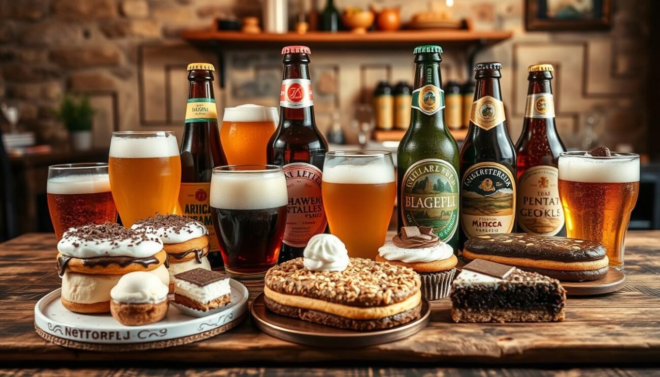 A delightful assortment of artisanal Italian beers and sumptuous desserts set against a backdrop of rustic textures and warm tones. In the foreground, a selection of decadent pastries, from creamy tiramisu to rich chocolate tortes, are complemented by a variety of craft ales, their golden hues and frothy heads lending a sense of convivial indulgence. The middle ground features a wooden table, its weathered surface adding a touch of authenticity, while the background showcases a cozy, intimate setting, perhaps a charming Italian cafe or trattoria, with soft lighting and a hint of Italian flair. The overall mood is one of unexpected harmony, where the bold flavors of beer and the indulgent sweetness of desserts come together in a harmonious and captivating display.