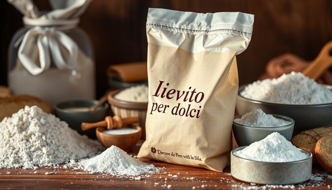 A delightful assortment of baking ingredients, including a bag of leavening agent known as "lievito per dolci". The bag sits atop a wooden surface, surrounded by an array of flour, sugar, and other essential elements for crafting sweet delicacies. The lighting is soft and warm, casting a gentle glow on the scene, evoking the cozy atmosphere of an Italian kitchen. The composition is balanced, with the leavening agent prominently featured in the foreground, drawing the viewer's attention to this vital component for successful baking. The overall mood is one of anticipation and culinary inspiration, inviting the viewer to explore the art of pastry-making.