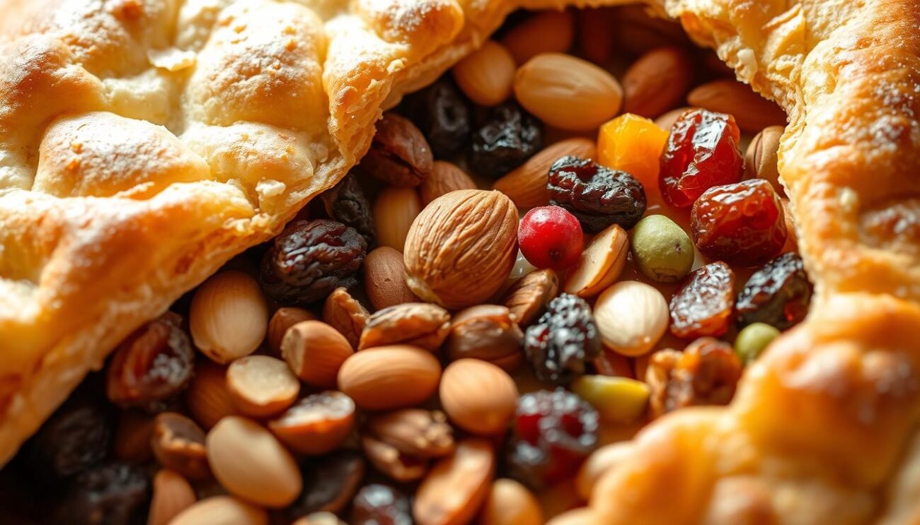 A delightful assortment of dried fruits - plump raisins, crunchy almonds, and vibrant pistachios - nestled among delicate pastry layers. Soft and golden-brown crust frames the delectable filling, bathed in warm, natural lighting that enhances the rich hues. The scene evokes the comforting aromas and flavors of traditional Italian baking, where the nutty sweetness of dried fruits elevates classic desserts. A visually stunning representation of the benefits dried fruits bring to the world of pastry-making.