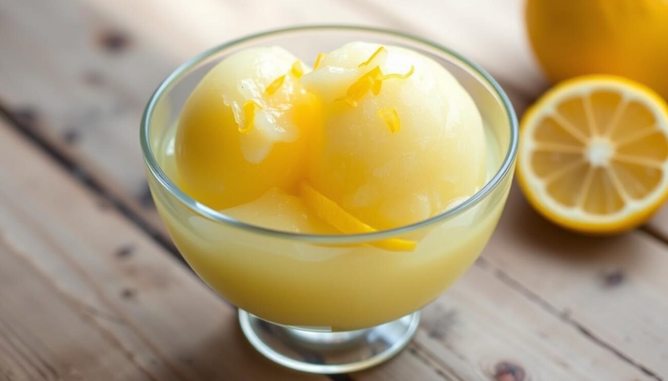 A delightful, creamy lemon sorbetto served in a chilled glass bowl, capturing the essence of Sicilian summer. The vibrant yellow sorbet glistens under soft, natural lighting, with a sprinkling of lemon zest adding a touch of vibrant color. The smooth, velvety texture invites a refreshing taste, made without any added sugar, using only the sweet, tangy juice of freshly-squeezed lemons and the natural sweetness of stevia. The bowl is placed on a simple, rustic wooden surface, conveying a sense of homemade charm and authenticity. An elegant, yet unfussy presentation that perfectly complements the "Metodo Senza Gelatiera" section of the article. A delightful, creamy lemon sorbetto served in a chilled glass bowl, capturing the essence of Sicilian summer. The vibrant yellow sorbet glistens under soft, natural lighting, with a sprinkling of lemon zest adding a touch of vibrant color. The smooth, velvety texture invites a refreshing taste, made without any added sugar, using only the sweet, tangy juice of freshly-squeezed lemons and the natural sweetness of stevia. The bowl is placed on a simple, rustic wooden surface, conveying a sense of homemade charm and authenticity. An elegant, yet unfussy presentation that perfectly complements the "Metodo Senza Gelatiera" section of the article.