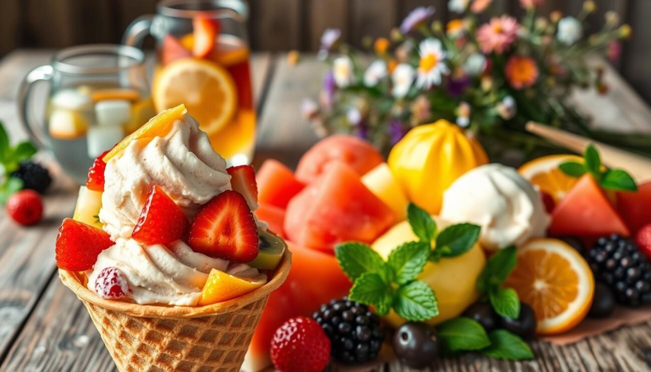 A delightful display of Italian gelato, overflowing with vibrant seasonal fruits. In the foreground, a scoop of creamy, rich gelato in a waffle cone, topped with sliced strawberries, kiwi, and juicy orange segments. The middle ground showcases an array of gelato scoops in tempting flavors like fragrant lemon, refreshing watermelon, and decadent dark chocolate, all nestled among sprigs of fresh mint. The background reveals a rustic wooden table, with a glass pitcher of cool, fruit-infused water and a bouquet of wildflowers, capturing the essence of an Italian summer. Soft, diffused lighting casts a warm, inviting glow, heightening the appetizing appeal of this artisanal gelato display. A delightful display of Italian gelato, overflowing with vibrant seasonal fruits. In the foreground, a scoop of creamy, rich gelato in a waffle cone, topped with sliced strawberries, kiwi, and juicy orange segments. The middle ground showcases an array of gelato scoops in tempting flavors like fragrant lemon, refreshing watermelon, and decadent dark chocolate, all nestled among sprigs of fresh mint. The background reveals a rustic wooden table, with a glass pitcher of cool, fruit-infused water and a bouquet of wildflowers, capturing the essence of an Italian summer. Soft, diffused lighting casts a warm, inviting glow, heightening the appetizing appeal of this artisanal gelato display.