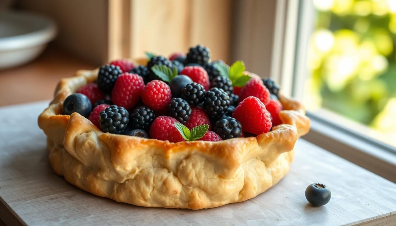 A delightful homemade crostata, its golden crust gently embracing a vibrant medley of fresh forest berries. The rustic tart, crafted without a grain of sugar, stands as a testament to the natural sweetness of the fruit. Soft dough, made with only olive oil and a touch of flour, forms the foundation, while the jewel-toned berries, bursting with flavor, adorn the surface in an artful arrangement. Soft afternoon light filters through a sun-dappled window, casting a warm glow over the inviting dessert. The scene evokes a sense of simple pleasures and wholesome indulgence, perfectly capturing the essence of this sugar-free crostata.