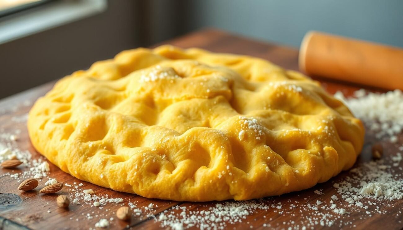 A delightful homemade pasta frolla pastry, crafted without any added sugar. The buttery dough is a rich golden hue, with a delicate, crumbly texture. Hints of vanilla and almond dance across the senses, creating a subtly sweet and aromatic experience. The pastry is presented on a rustic wooden surface, with a sprinkling of alternative flours, such as almond or coconut, nearby. Soft, diffused lighting from a window casts a warm glow, accentuating the natural beauty of the ingredients. This healthier, more mindful version of the classic Italian tart crust is the perfect foundation for a range of sweet and savory fillings.