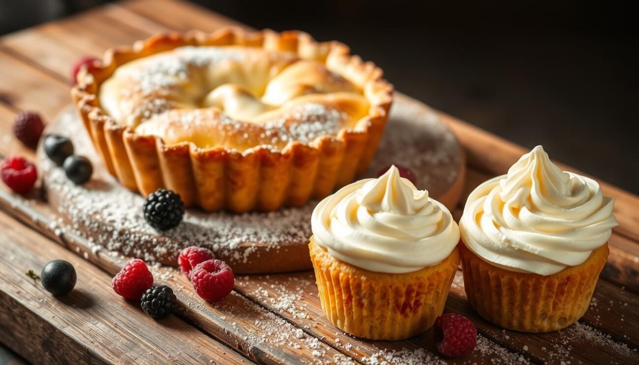 A delightful scene of baked yogurt-infused treats, fresh from the oven. A golden-crusted tart with a creamy, cloud-like interior sits atop a rustic wooden surface, surrounded by scattered berries and a dusting of powdered sugar. Soft, fluffy muffins or cupcakes with swirls of yogurt-based frosting nestle nearby, their moist crumb and tantalizing aroma inviting the viewer to indulge. Warm, diffused lighting highlights the delicate textures and vibrant colors, creating a cozy, homemade atmosphere. The image conveys the joys of incorporating yogurt into decadent desserts, showcasing its ability to lend moisture, richness, and a delightful tangy-sweet balance. A delightful scene of baked yogurt-infused treats, fresh from the oven. A golden-crusted tart with a creamy, cloud-like interior sits atop a rustic wooden surface, surrounded by scattered berries and a dusting of powdered sugar. Soft, fluffy muffins or cupcakes with swirls of yogurt-based frosting nestle nearby, their moist crumb and tantalizing aroma inviting the viewer to indulge. Warm, diffused lighting highlights the delicate textures and vibrant colors, creating a cozy, homemade atmosphere. The image conveys the joys of incorporating yogurt into decadent desserts, showcasing its ability to lend moisture, richness, and a delightful tangy-sweet balance.