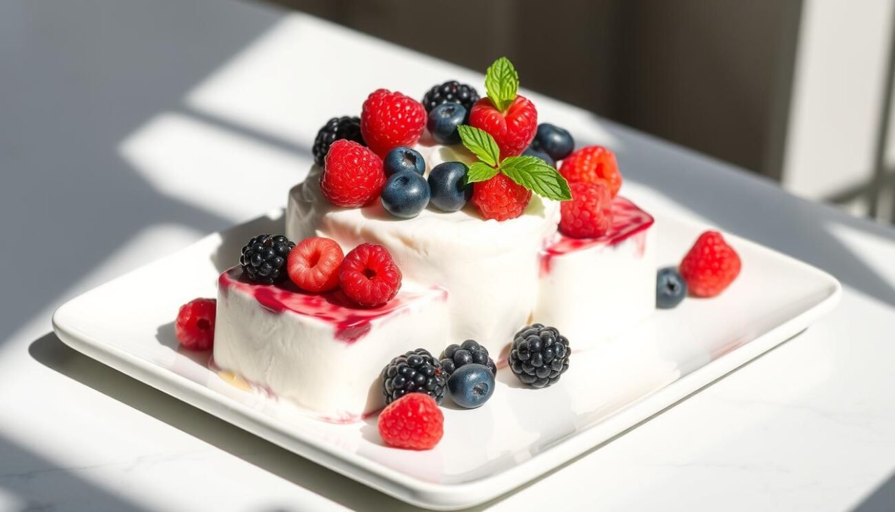 A delightful semifreddo dessert, a harmonious blend of rich Greek yogurt and vibrant wild berries. Creamy and decadent, yet light and protein-packed, it beckons with a silky smooth texture and a subtle sweetness. Artfully arranged on a sleek white platter, the dessert is illuminated by soft, natural lighting that casts gentle shadows, enhancing its elegant presentation. The vibrant hues of the berries - deep purples, bright reds, and lush greens - create a visually captivating contrast against the pale, creamy semifreddo. The overall scene exudes a sense of balance, simplicity, and sophistication, perfectly capturing the essence of a "Piacere di un Dessert Leggero e Proteico". A delightful semifreddo dessert, a harmonious blend of rich Greek yogurt and vibrant wild berries. Creamy and decadent, yet light and protein-packed, it beckons with a silky smooth texture and a subtle sweetness. Artfully arranged on a sleek white platter, the dessert is illuminated by soft, natural lighting that casts gentle shadows, enhancing its elegant presentation. The vibrant hues of the berries - deep purples, bright reds, and lush greens - create a visually captivating contrast against the pale, creamy semifreddo. The overall scene exudes a sense of balance, simplicity, and sophistication, perfectly capturing the essence of a "Piacere di un Dessert Leggero e Proteico".