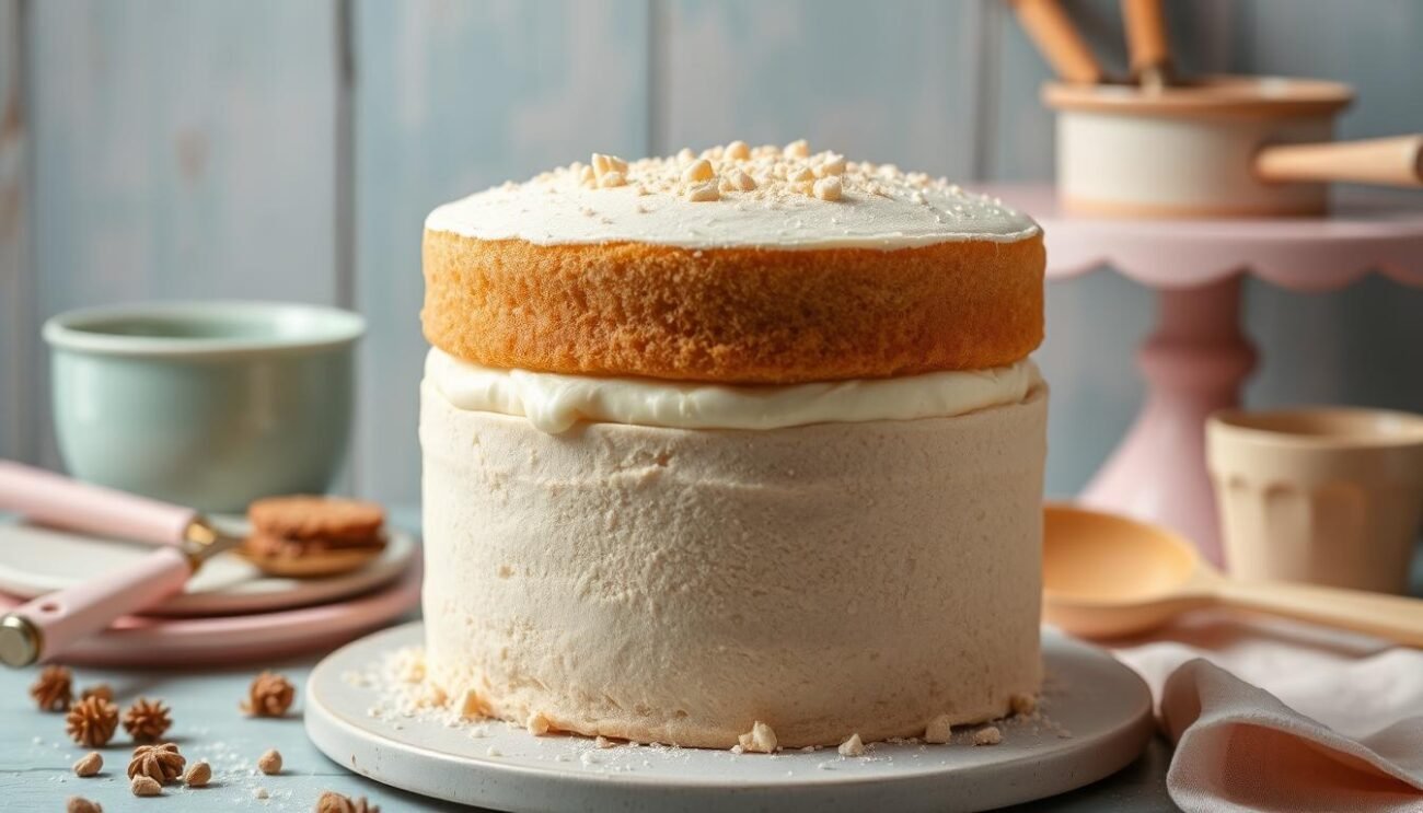 A delightful sugar-free cake for children, a soft sponge cake with a creamy, natural filling. The cake stands out against a backdrop of pastel-colored cake plates and vintage baking utensils, conveying a sense of homemade tradition. Gentle lighting from above casts a warm, inviting glow, highlighting the cake's delicate texture and the natural hues of the ingredients. The composition is balanced, with the cake taking center stage, surrounded by complementary elements that suggest a wholesome, nurturing environment. An image that evokes a healthier, more mindful approach to birthday celebrations for young ones.